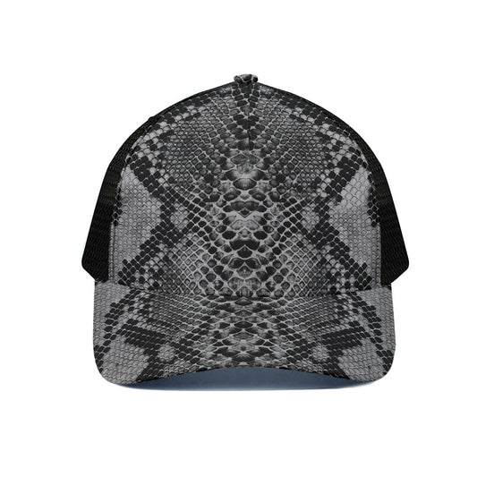 Grey And Black Snakeskin Print Black Mesh Trucker Cap