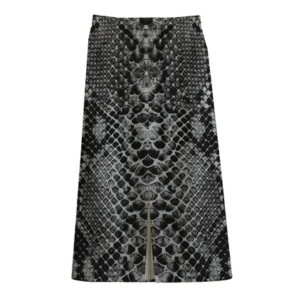 Grey And Black Snakeskin Print Cotton Front Slit Maxi Skirt