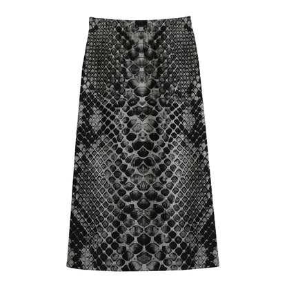 Grey And Black Snakeskin Print Cotton Front Slit Maxi Skirt
