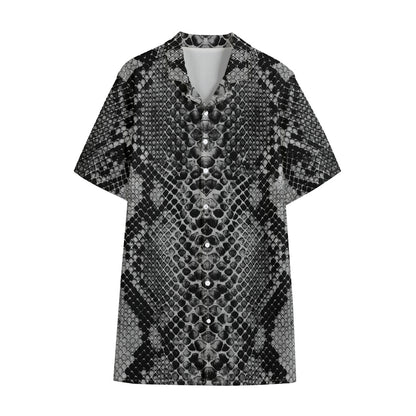 Grey And Black Snakeskin Print Cotton Hawaiian Shirt