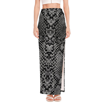 Grey And Black Snakeskin Print High Slit Maxi Skirt
