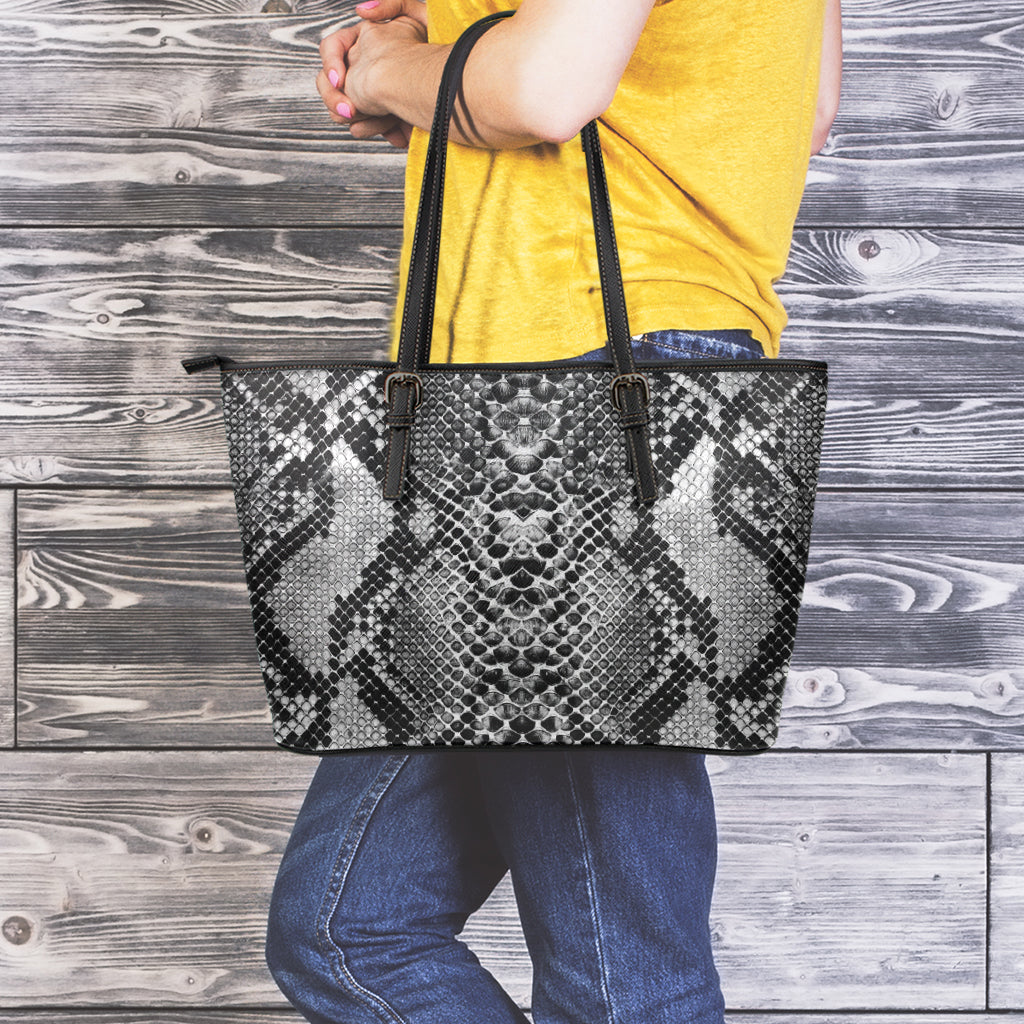 Grey And Black Snakeskin Print Leather Tote Bag