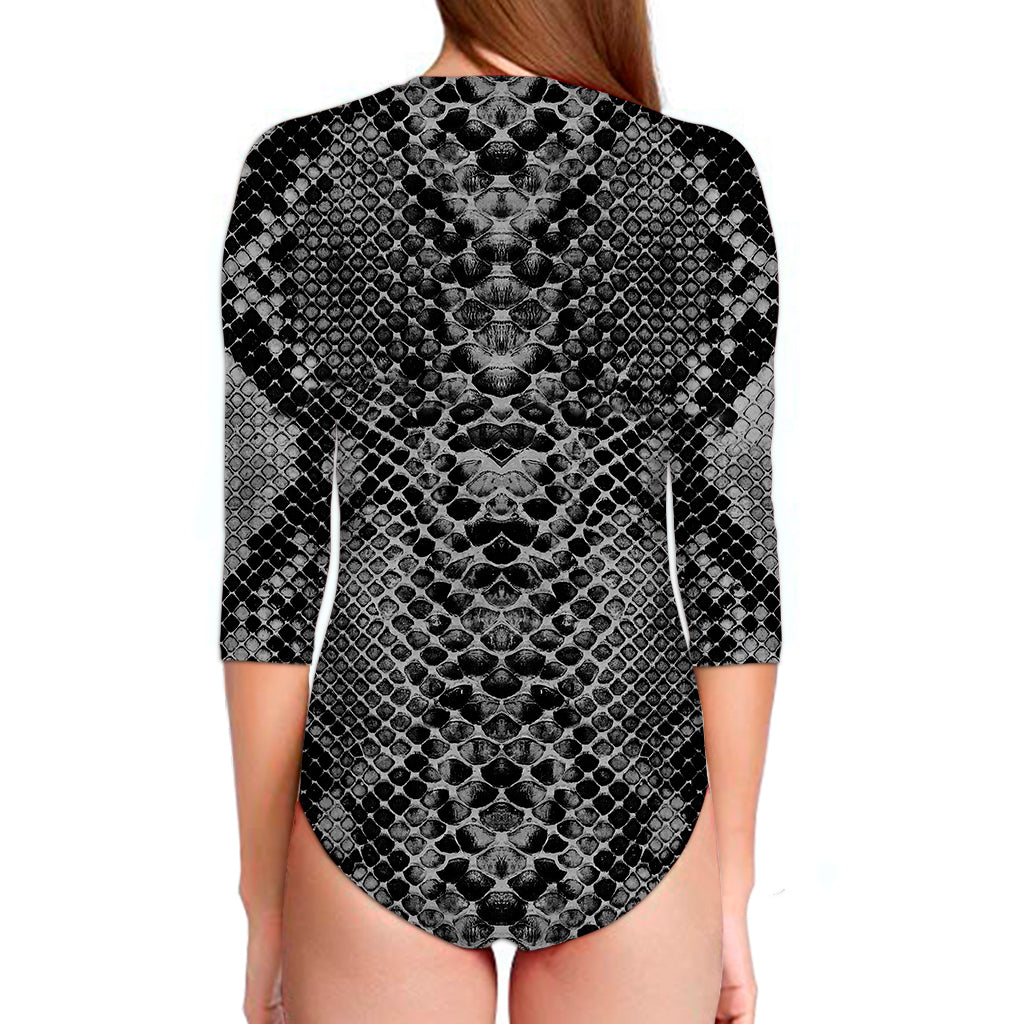 Grey And Black Snakeskin Print Long Sleeve Swimsuit