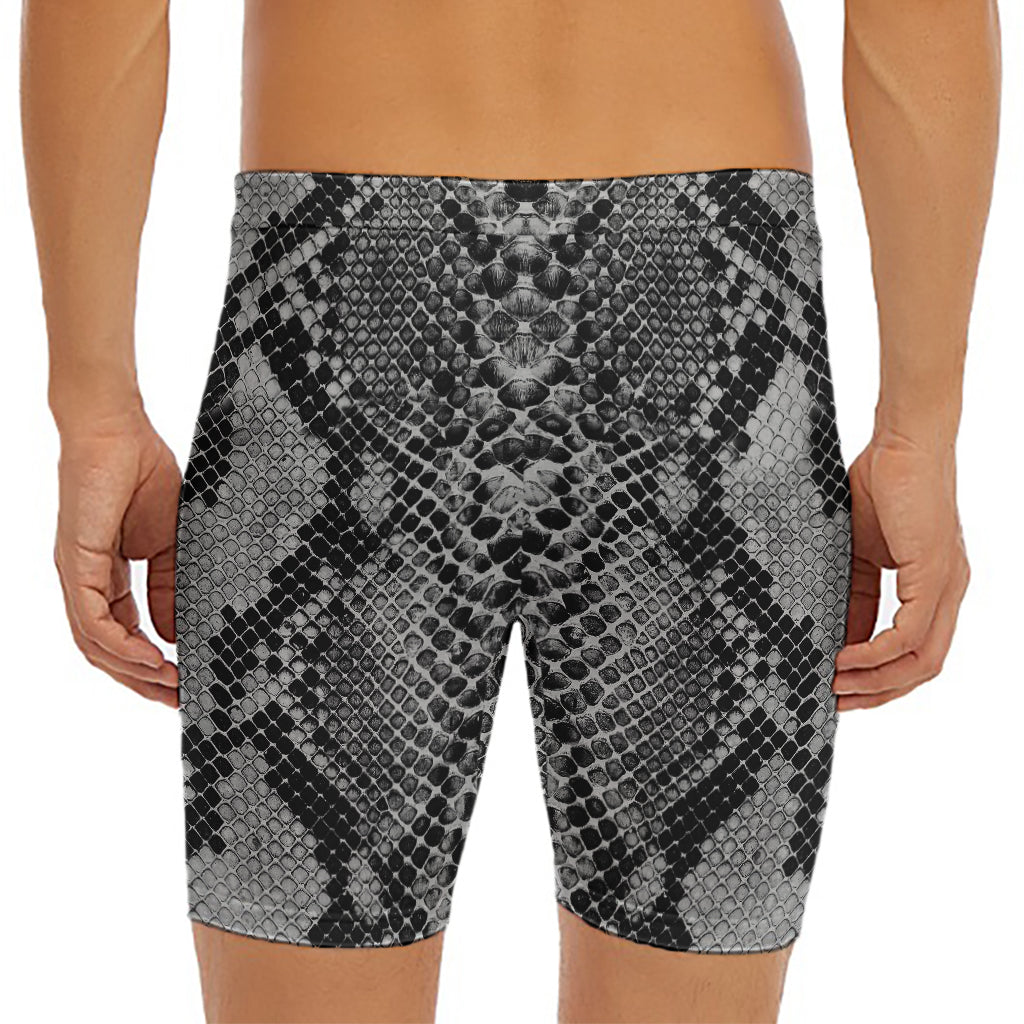 Grey And Black Snakeskin Print Men's Long Boxer Briefs