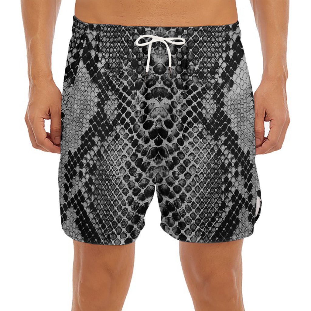 Grey And Black Snakeskin Print Men's Split Running Shorts