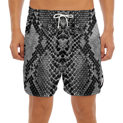 Grey And Black Snakeskin Print Men's Split Running Shorts