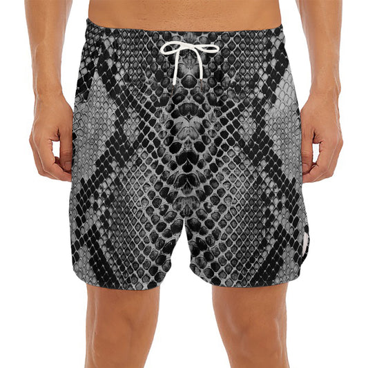 Grey And Black Snakeskin Print Men's Split Running Shorts