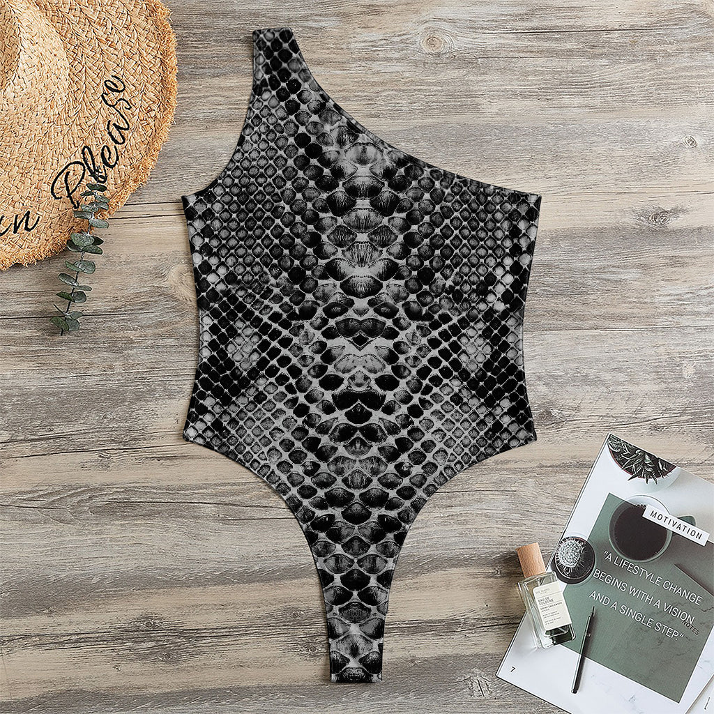 Grey And Black Snakeskin Print One Shoulder Bodysuit