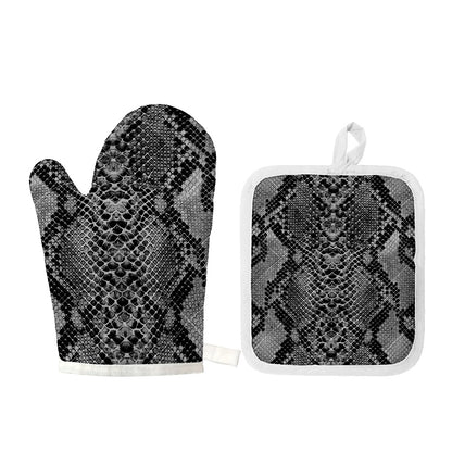Grey And Black Snakeskin Print Oven Mitt And Pot Holder Set