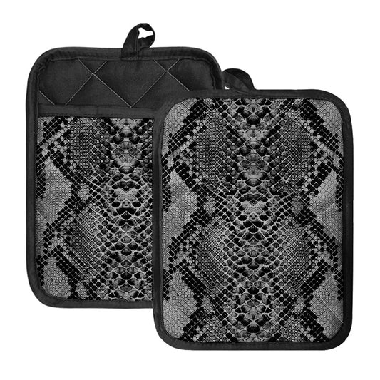 Grey And Black Snakeskin Print Pot Holders With Pocket