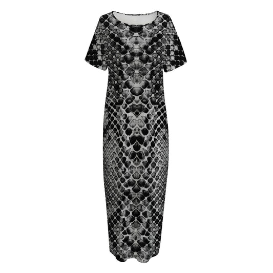Grey And Black Snakeskin Print Short Sleeve Long Nightdress