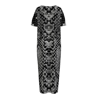 Grey And Black Snakeskin Print Short Sleeve Long Nightdress