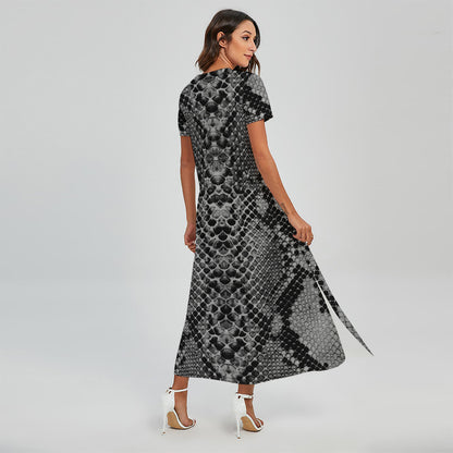 Grey And Black Snakeskin Print Short Sleeve Maxi Dress