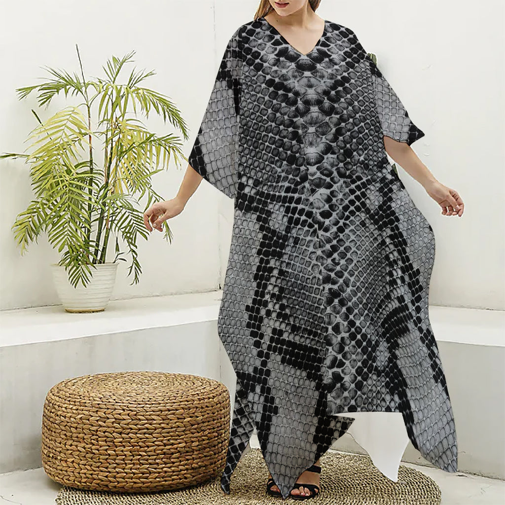 Grey And Black Snakeskin Print Silk V-Neck Kaftan Dress