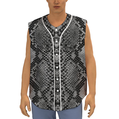 Grey And Black Snakeskin Print Sleeveless Baseball Jersey