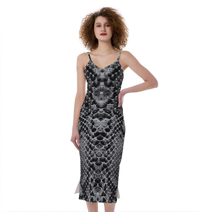 Grey And Black Snakeskin Print Slim Fit Midi Cami Dress