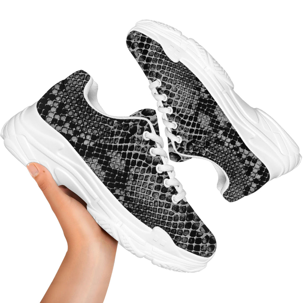 Grey And Black Snakeskin Print White Chunky Shoes