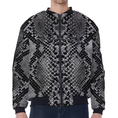 Grey And Black Snakeskin Print Zip Sleeve Bomber Jacket
