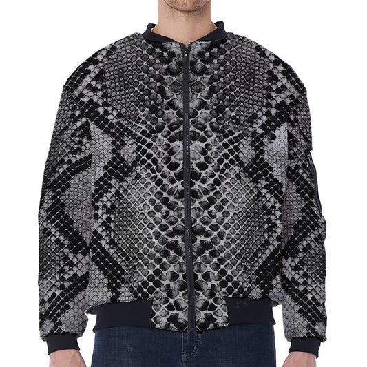 Grey And Black Snakeskin Print Zip Sleeve Bomber Jacket
