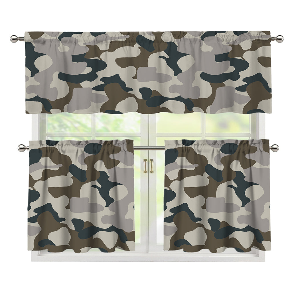 Grey And Brown Camouflage Print 3 Piece Kitchen Curtains