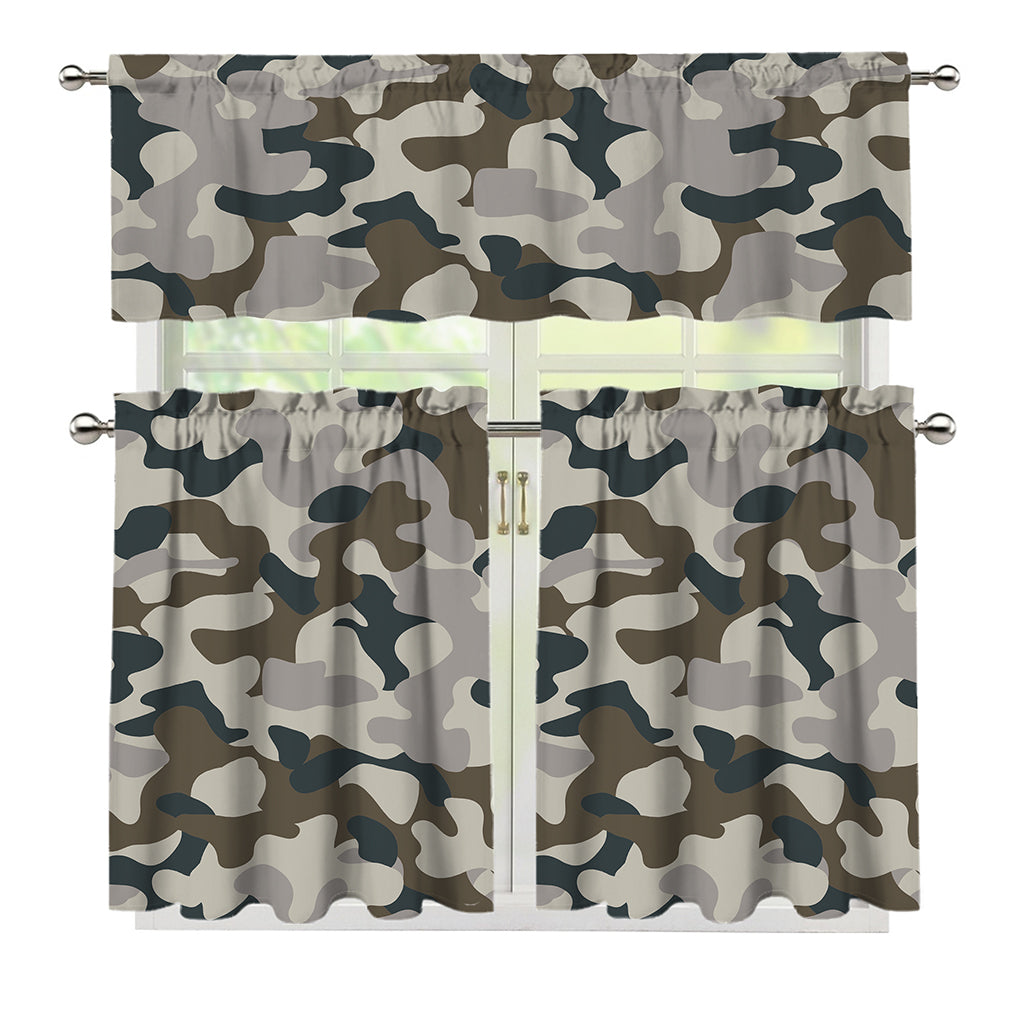 Grey And Brown Camouflage Print 3 Piece Kitchen Curtains