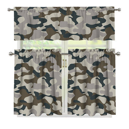 Grey And Brown Camouflage Print 3 Piece Kitchen Curtains