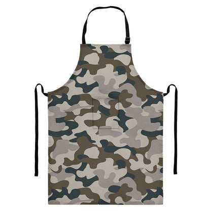 Grey And Brown Camouflage Print Bib Apron With Pocket