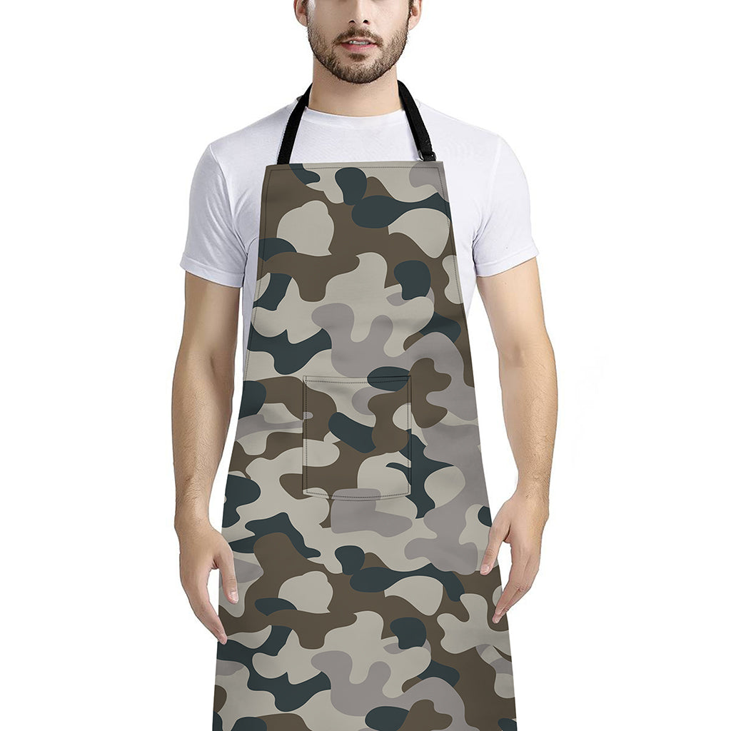 Grey And Brown Camouflage Print Bib Apron With Pocket