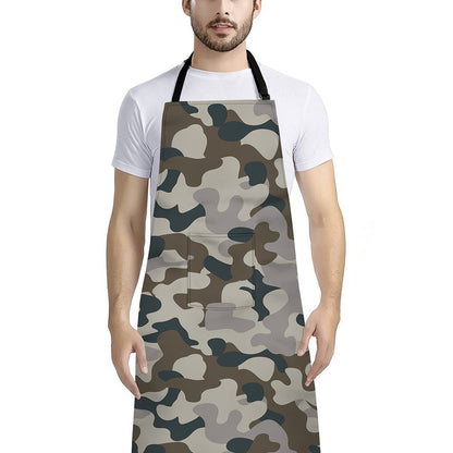 Grey And Brown Camouflage Print Bib Apron With Pocket