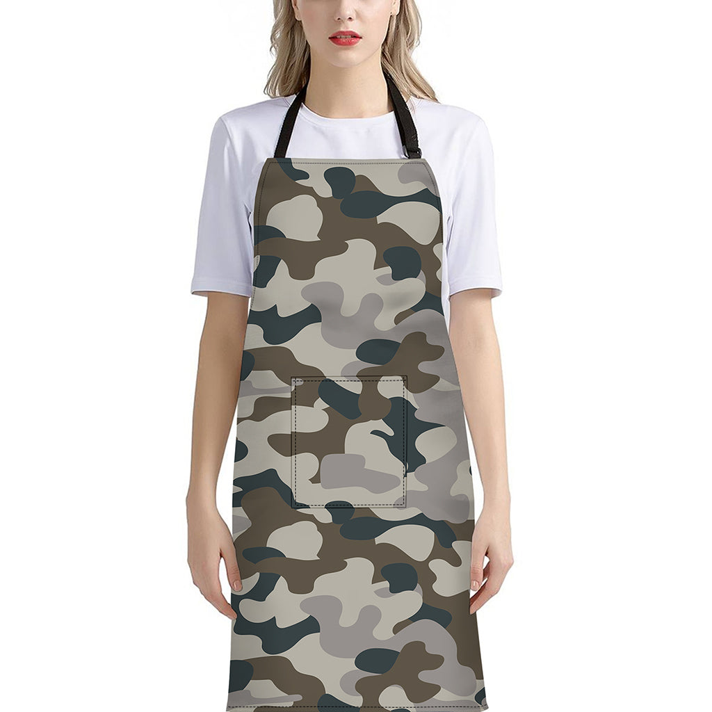 Grey And Brown Camouflage Print Bib Apron With Pocket