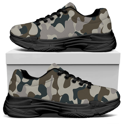 Grey And Brown Camouflage Print Black Chunky Shoes