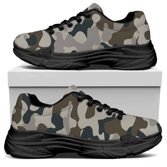 Grey And Brown Camouflage Print Black Chunky Shoes