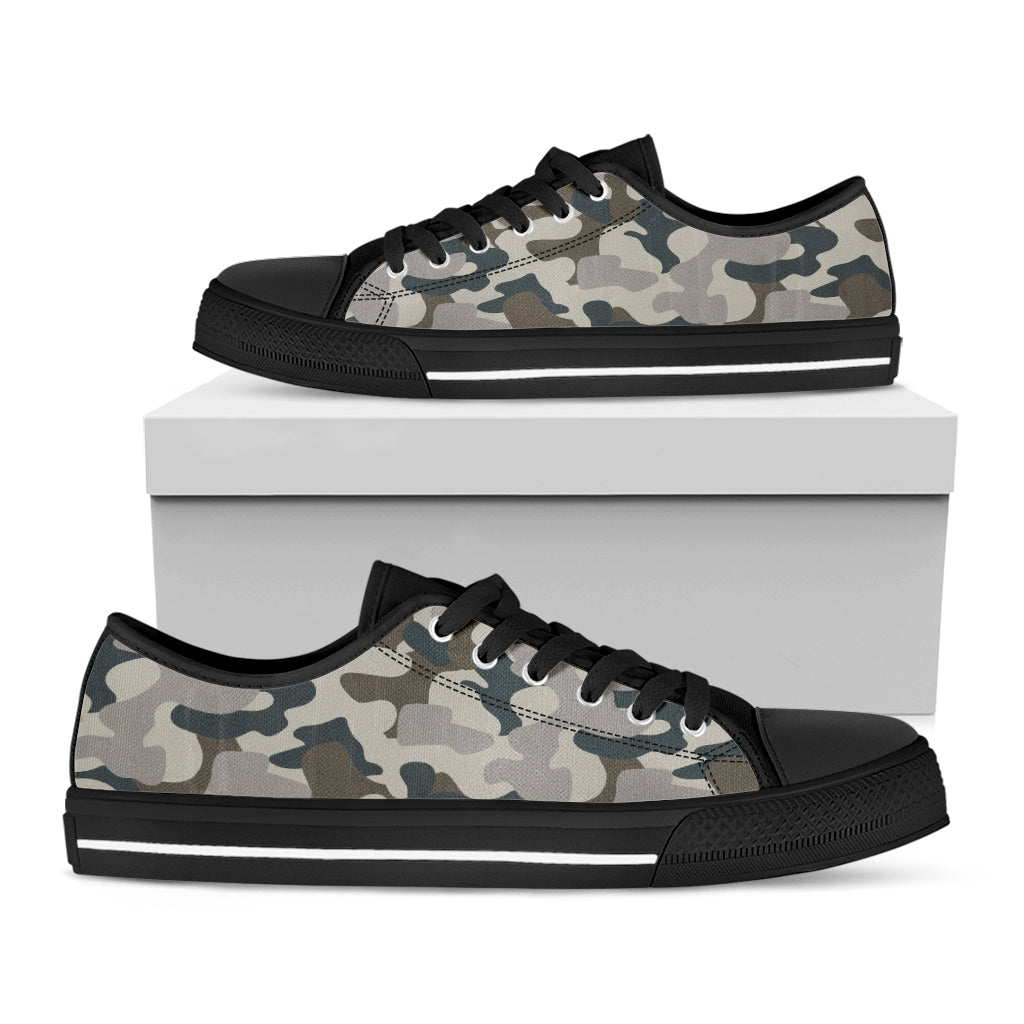 Grey And Brown Camouflage Print Black Low Top Sneakers