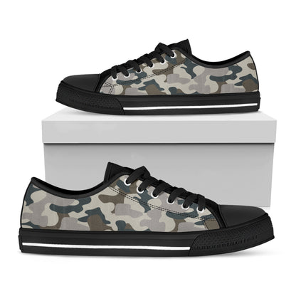 Grey And Brown Camouflage Print Black Low Top Sneakers
