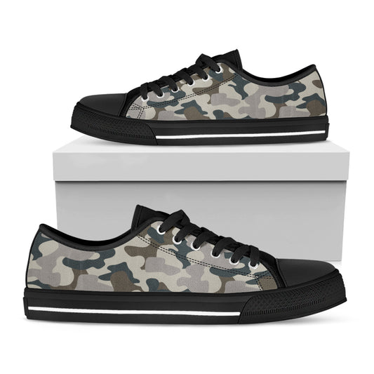 Grey And Brown Camouflage Print Black Low Top Sneakers