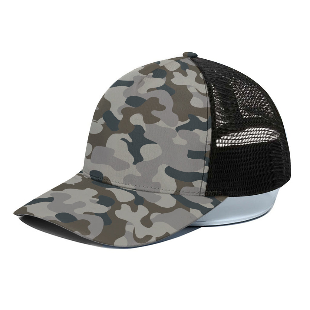 Grey And Brown Camouflage Print Black Mesh Trucker Cap