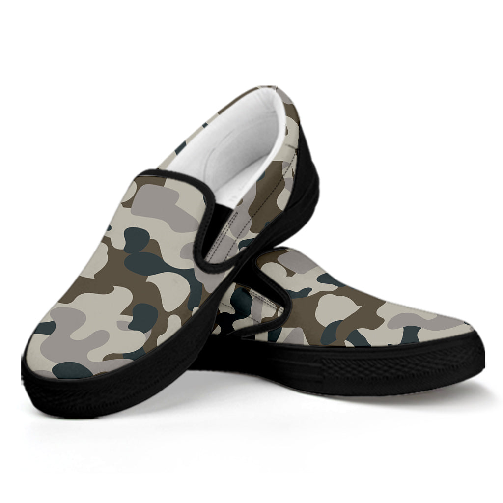 Grey And Brown Camouflage Print Black Slip On Sneakers
