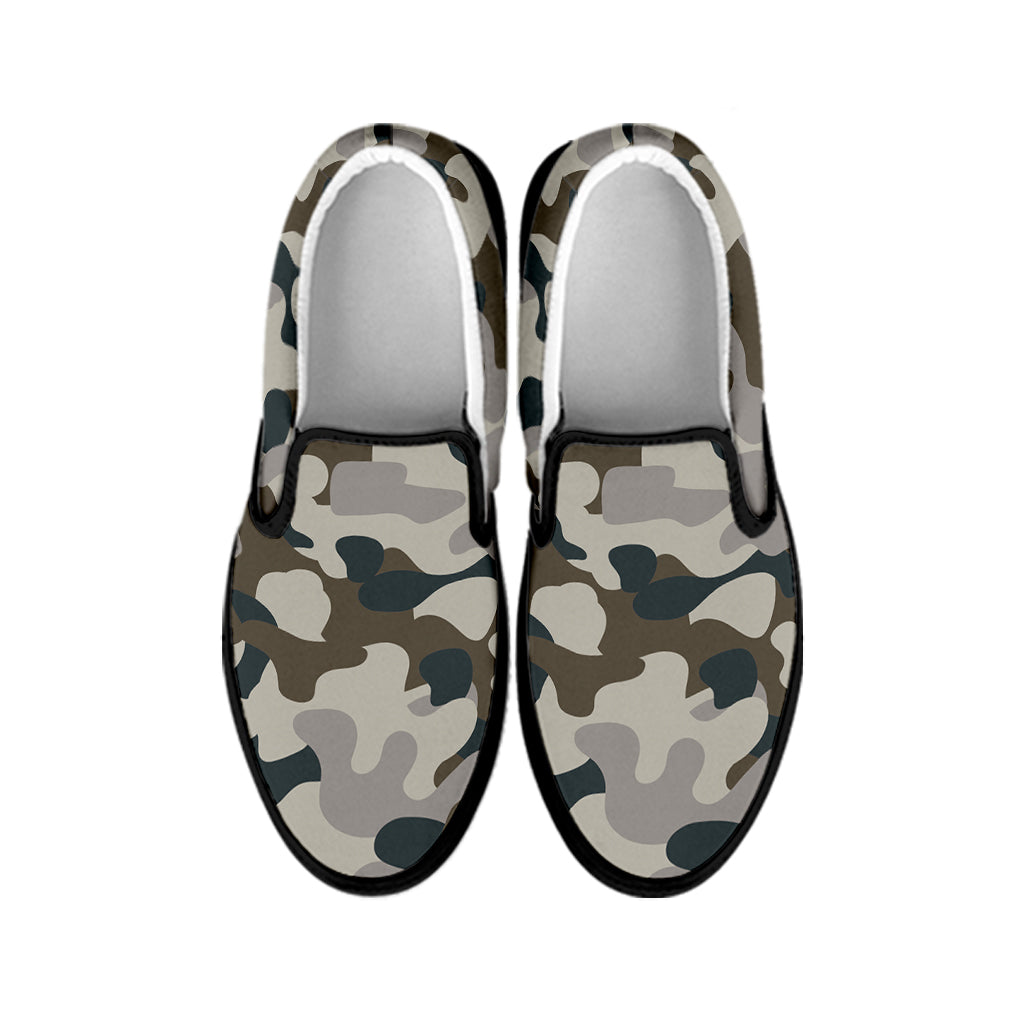 Grey And Brown Camouflage Print Black Slip On Sneakers