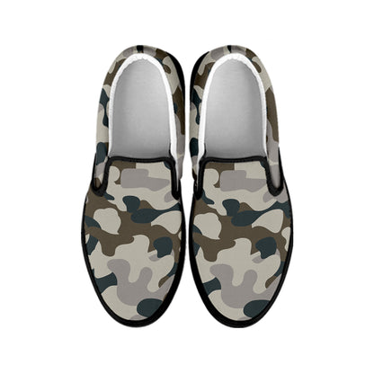 Grey And Brown Camouflage Print Black Slip On Sneakers