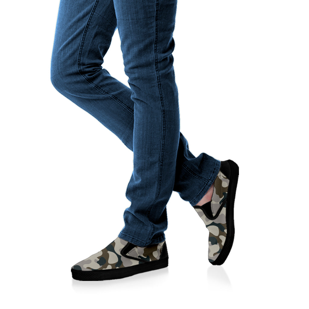 Grey And Brown Camouflage Print Black Slip On Sneakers