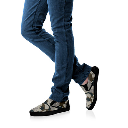 Grey And Brown Camouflage Print Black Slip On Sneakers