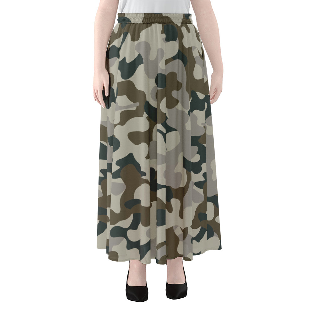 Grey And Brown Camouflage Print Chiffon Maxi Skirt