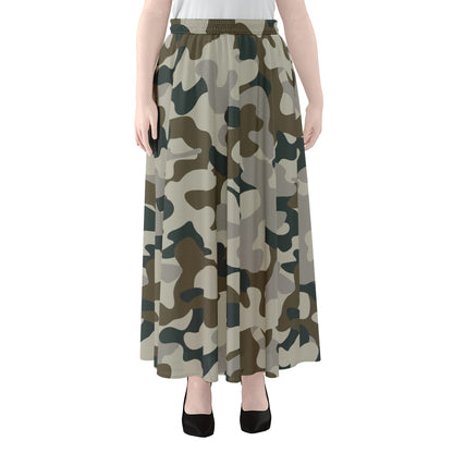 Grey And Brown Camouflage Print Chiffon Maxi Skirt