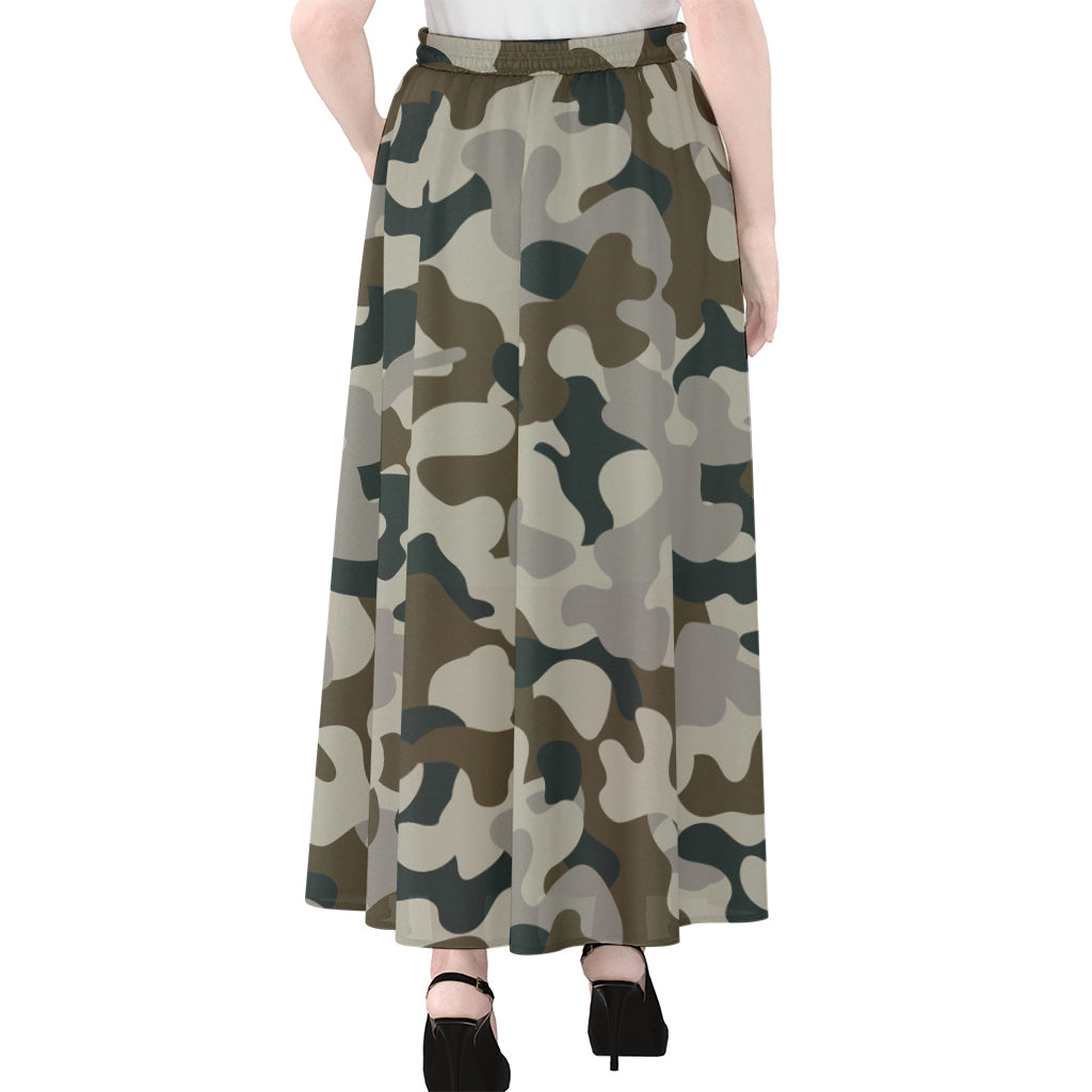 Grey And Brown Camouflage Print Chiffon Maxi Skirt