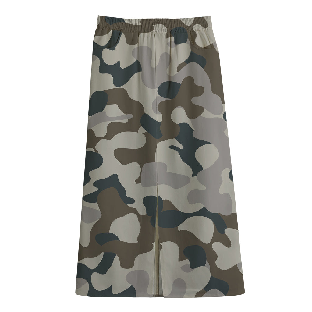 Grey And Brown Camouflage Print Cotton Front Slit Maxi Skirt