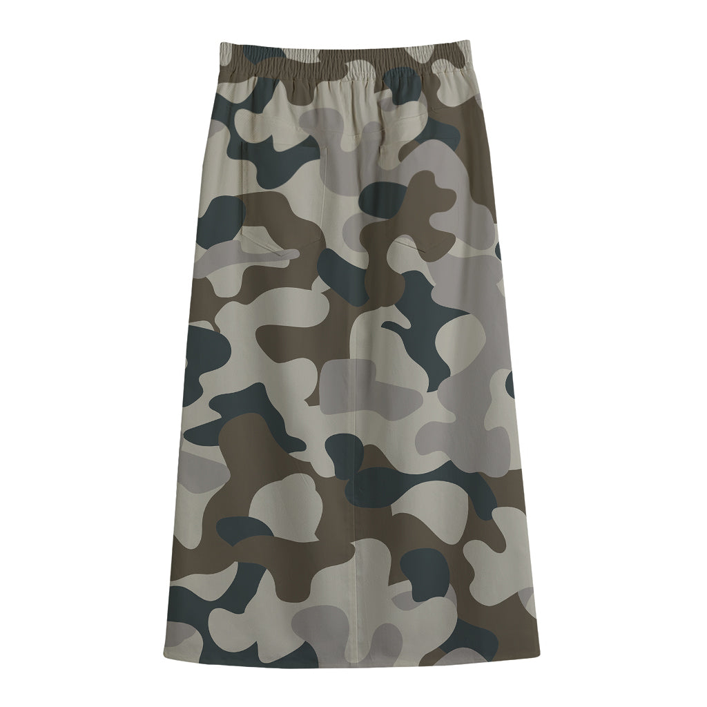 Grey And Brown Camouflage Print Cotton Front Slit Maxi Skirt