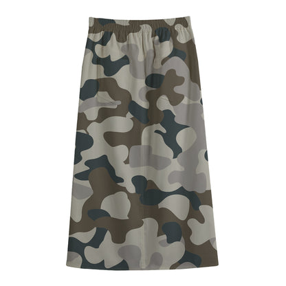 Grey And Brown Camouflage Print Cotton Front Slit Maxi Skirt