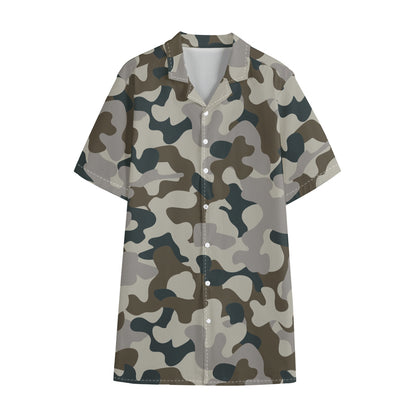 Grey And Brown Camouflage Print Cotton Hawaiian Shirt
