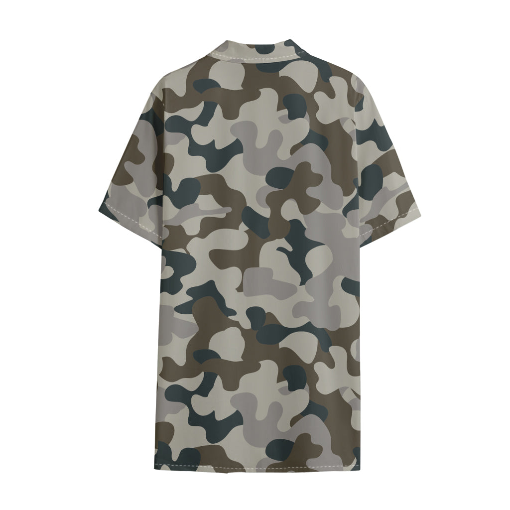 Grey And Brown Camouflage Print Cotton Hawaiian Shirt