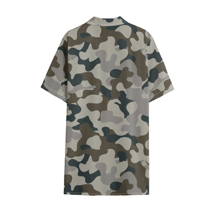 Grey And Brown Camouflage Print Cotton Hawaiian Shirt